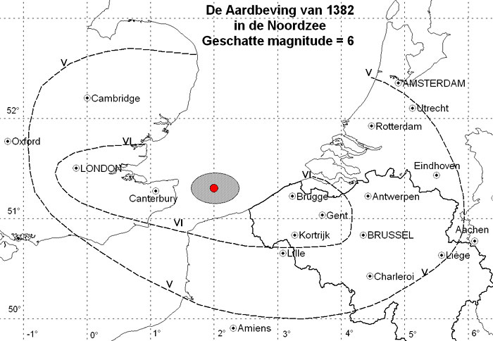Macroseismische kaart met aanduiding van de verbreiding van de intensiteitszones V (sterk gevoeld) en VI (lichte schade) bij de aardbeving van 21 mei 1382.